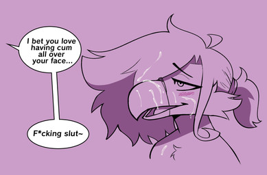 accessory anthro beak blush bodily_fluids censored_text chest_tuft cum cum_in_hair cum_on_beak cum_on_chest cum_on_face dialogue fluffy fluffy_hair genital_fluids hair hair_accessory hair_over_eye hair_tie male offscreen_character offscreen_dominant profanity smile speech_bubble text tied_hair tuft thatbirdboi birb_(somesacredbird) avian bird 2021 digital_drawing_(artwork) digital_media_(artwork) english_description english_text hi_res