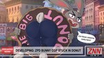 2024 absurd_res angry anthro big_butt big_ears blush buckteeth butt clothing dessert disney doughnut english_text european_rabbit female food foofyscoop fur grey_body grey_fur hi_res holding_object judy_hopps judy_stuck_in_donut_redraw lagomorph leporid looking_at_viewer looking_back mammal news news_report open_mouth oryctolagus paws pink_nose police police_officer police_uniform pupils rabbit small_pupils small_tail solo stuck tail teeth text thick_thighs thighs_together tight_clothing uniform yelling zootopia