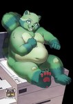 4_toes 5_fingers anthro belly blue_eyes dwarfism feet fingers fur green_body green_fur kemono looking_at_viewer male navel nipples nude overweight overweight_anthro overweight_male pawpads photocopier photocopying_butt pink_nipples pink_pawpads sharp_teeth simple_background solo teeth toes transparent_background maaudaan_tg fred_(fredrick_brennan) mammal procyonid raccoon absurd_res alpha_channel hi_res