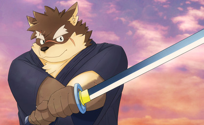 anthro asian_clothing brown_body brown_fur clothing cloud cloudy_sky east_asian_clothing eyebrows fur japanese_clothing katana kimono male melee_weapon scar sky solo sunset sword thick_eyebrows weapon jinastray lifewonders tokyo_afterschool_summoners moritaka_(tas) canid canine canis domestic_dog mammal absurd_res hi_res
