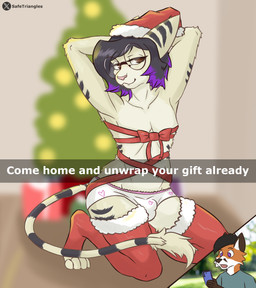 anthro black_hair blurred_background brown_ears brown_eyes bulge cellphone christmas_clothing christmas_decorations christmas_headwear christmas_lights christmas_present christmas_thigh_highs christmas_tree clothed clothing crossdressing crouching electronics eyewear feline_tail femboy fur gasp gift glasses gloves_(marking) hair hands_behind_head hat headgear headwear heart_symbol holding_cellphone holding_object holding_phone holding_smartphone holidays legwear long_hair looking_at_cellphone looking_at_object looking_at_phone looking_at_viewer male markings open_mouth orange_body orange_fur phone pink_nose plant purple_eyes purple_hair_tips raised_arms ribbons round_glasses santa_coat santa_hat seductive shirt skinny smartphone solo t-shirt tan_body tan_fur text thigh_highs topwear tree underwear wearing_glasses white_body white_fur white_inner_ear wrapped_up flat_triangles christmas ratchet_and_clank snapchat sony_corporation sony_interactive_entertainment alex_(alex_extreme) screwdriver_(flat_triangles) canid canine fox lombax mammal 2025 digital_drawing_(artwork) digital_media_(artwork) english_description english_text hi_res