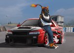 anthro car clothed clothing detailed_background footwear fully_clothed leaning_on_object male solo tail vehicle xussurix nissan nissan_skyline syvelldasergal_(lyrusfirewolf) sergal full-length_portrait portrait