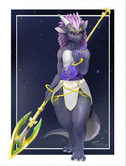 2_horns 3_toes 4_fingers anthro bangle biped bottomwear claws clothed clothing cosmic_background countershade_feet countershade_hands countershade_scales countershade_tail countershade_torso countershading cute_fangs digitigrade eyelashes fangs feather_hair feathers featureless_chest feet female finger_claws fingers flat_chested front_view gold_(metal) gold_jewelry holding_melee_weapon holding_object holding_polearm holding_spear holding_weapon horn jewelry melee_weapon pattern_clothing pattern_topwear pink_body pink_feathers pink_pseudo_hair polearm pseudo_hair purple_body purple_clothing purple_eyes purple_scales purple_topwear scales skirt smile snout solo spear standing star tail tail_under_skirt teeth thick_tail thick_thighs toe_claws toes topwear translucent translucent_bottomwear translucent_clothing translucent_skirt weapon white_body white_bottomwear white_clothing white_countershading white_skirt wide_hips foxixus european_mythology mythology dragon mythological_creature mythological_scalie scalie western_dragon wingless_dragon 2021 digital_media_(artwork) digital_painting_(artwork) hi_res painting_(artwork) signature