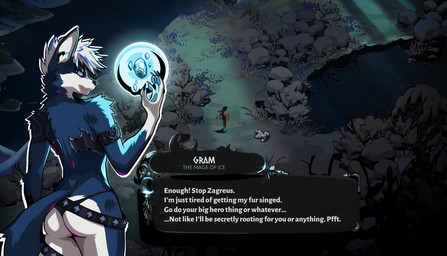 arm_tattoo armor belt big_butt bikini bikini_thong black_bikini black_claws black_clothing black_nose black_pawpads black_swimwear blue_body blue_eyes blue_fur blue_hair blue_highlights bulge butt claws clothed clothing coy crossdressing detailed_background dialogue dipstick_tail elemental_manipulation femboy fluffy fluffy_tail fur game_screen glistening glistening_body glistening_fur hair highlights_(coloring) ice_mage ice_manipulation inner_ear_fluff looking_at_viewer magic magic_user male markings multicolored_hair navy_fur outside parody pawpads ready_to_fight silver_trim skimpy smile solo studded_belt studs swimwear tail tail_markings tattoo thick_tail thigh_armor thong tongue tongue_out tribal tribal_tattoo tuft two-piece_swimsuit unconvincing_armor underwear white_body white_fur white_hair white_inner_ear white_inner_ear_fluff matsu_artsu hades_(game) gram_dire border_collie canid canine canis collie domestic_dog herding_dog mammal pastoral_dog sheepdog absurd_res hi_res