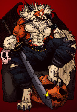 abs accessory amber_eyes anthro aroused athletic athletic_male ball_bulge barazoku bat_wings belt biceps big_muscles big_pecs biped black_markings blood bodily_fluids body_hair bottomwear bulge chair chest_fur chest_hair chest_tuft claw_fingers claws clothed clothing detailed_bulge dipstick_ears ear_markings ear_piercing facial_markings fingers first_person_view fluffy fluffy_chest fluffy_tail food for_a_head front_view fruit fur furniture genital_outline genitals glans grin hair head_markings holidays jack-o'-lantern jewelry long_tongue looking_at_viewer looking_down low-angle_view male male_anthro manly markings melee_weapon membrane_(anatomy) membranous_wings multicolored_body multicolored_ears multicolored_fur multicolored_hair muscular muscular_anthro muscular_male muscular_thighs naughty_face navel neck_tuft nervous nervous_sweat nipples open_mouth orange_background orange_body orange_fur pants pecs penis penis_outline piercing plant pose pumpkin pumpkin_head quads red_background saliva scar sharp_teeth simple_background sitting skull_throne smile snout solo spiky_fur spiky_hair sweat sword tail tan_background tan_body teeth tenting thick_arms thick_thighs throne tight_clothing tongue tongue_out topless torn_bottomwear torn_clothing torn_pants triceps tuft two_tone_body two_tone_fur vein veiny_penis weapon white_body white_fur white_hair wings yellow_body yellow_eyes yellow_fur jwbash epic_games fortnite game_freak halloween mythology nintendo pokemon kyoto_rex lycan_west_(fortnite) canid canine dusk_lycanroc generation_7_pokemon lycanroc mammal mythological_canine mythological_creature object_head pokemon_(species) werecanid werecanine werecreature werewolf 2025 absurd_res digital_media_(artwork) hatching_(art) hi_res shaded