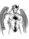 anthro body_hair chest_hair facial_hair hairy horn male muscular muscular_anthro muscular_male nipples nude pubes solo tusks wings bgn gargoyle digital_drawing_(artwork) digital_media_(artwork) monochrome