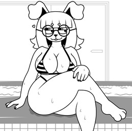 anthro buckteeth clothing eyewear female fur glasses hair heart_symbol paws rabbit_ears raised_paw sitting solo striped_bikini_bottom striped_bikini_top swimming_pool swimwear teeth two-piece_swimsuit water wet wet_body wet_breasts wet_fur white_body white_fur white_hair lornalla bnuyu_(lornalla) lagomorph leporid mammal rabbit hi_res monochrome