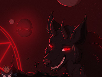 feral glowing glowing_eyes horn looking_at_viewer looking_back male mountain planet red_eyes smile solo space summoning_circle teeth toothy_grin parooty mythology ribb canid canid_demon canine demon hellhound mammal mythological_canine mythological_creature 4:3