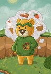 anthro black_eyes black_nose cake chibi clothing dessert detailed_background dot_eyes doughnut food fur ice_cream male outside pastry slightly_chubby solo sweater topwear yellow_body yellow_fur pipfrommyna animal_crossing nintendo nate_(animal_crossing) bear mammal 2020