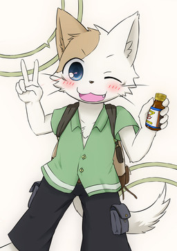 5_fingers anthro backpack biped black_nose blue_eyes blush bottle bottomwear brown_body brown_fur cheek_tuft chest_tuft clothed clothing container cute_fangs facial_tuft fangs fingers fully_clothed fur gesture hand_gesture happy holding_bottle holding_container holding_object inner_ear_fluff kemono looking_at_viewer male multicolored_body multicolored_fur one_eye_closed open_mouth open_smile pants shirt simple_background smile solo teeth topwear tuft two_tone_body two_tone_fur v_sign whiskers white_background white_body white_fur wink magumomo domestic_cat felid feline felis mammal 2014 hi_res