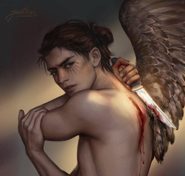 blood bodily_fluids brown_hair facial_markings feathered_wings feathers hair hair_bun head_markings humanoidized knife looking_at_viewer male markings not_furry pale_skin realistic self-harm slim_male solo wings j-witless attack_on_titan eren_jaeger angel angel_humanoid humanoid 2023 detailed