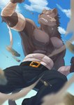 anthro bandage belt belt_buckle blue_bottomwear blue_clothing blue_pants bottomwear buckle clothing cloud fur male muscular muscular_male pants sky solo teeth kouga0225 knights_college theo_prinz_von_hirschreich felid mammal pantherine 2021 absurd_res hi_res