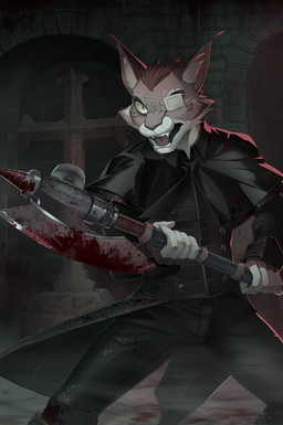 anthro axe blood bodily_fluids clothed clothing detailed_background holding_object holding_weapon male melee_weapon solo weapon melloque domestic_cat felid feline felis mammal 2018 digital_media_(artwork)