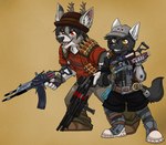 anthro antlers black_hair black_nose cosplay eye_scar facial_scar fur grey_body grey_fur gun hair hammer_and_sickle horn male neck_tuft orange_eyes paws plantigrade ranged_weapon scar scut_tail short_tail tail tuft weapon starwolfskin zgf_art 2k_games borderlands zgf_gaming ra'deer canid canine canis cervine deer mammal wolf hi_res