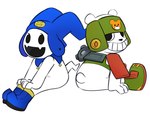 anthro boots clothing duo footwear fur grin hat headgear headwear male shoes sitting smile white_body white_fur notfornothin atlus bandai_namco digimon megami_tensei sega jack_frost_(megami_tensei) digimon_(species) kumamon crossover