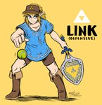 ball blonde_hair boots clothing footwear hair hat headgear headwear humanoid_pointy_ears light_body light_skin male not_furry pointy_ears shoes simple_background solo tennis_ball tennis_racket text mast3r-rainb0w nintendo the_legend_of_zelda link humanoid hylian english_text hi_res signature