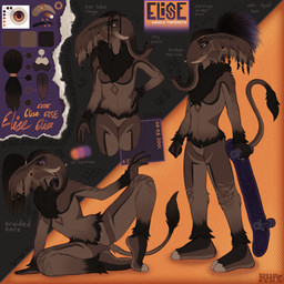 2_toes 5_fingers accessory anthro big_ears black_body black_fur black_hair braided_ears braided_fur braided_hair breasts broken_tusk brown_body brown_fur brown_tusk ear_piercing ear_ring elise_(rhaelrhaelrasputin) eyebrow_piercing eyebrow_slit eyebrows eyeshadow facial_piercing feet female fingers floppy_ears fluffy fluffy_chest fluffy_ears fluffy_shoulders fluffy_tail fur gold_piercing gradient_eyes gradient_eyeshadow hair hair_accessory hair_tie hand_on_hip highlights_(coloring) holding_object holding_skateboard horn horn_jewelry horn_ring jewelry long_hair looking_at_viewer makeup markings messy_hair multicolored_body multicolored_fur neck_tuft open_mouth open_smile orange_eyes piercing plantigrade proboscis_(anatomy) purple_eyes purple_hair purple_tongue ring_(jewelry) ring_piercing simple_background sitting skateboard slim_tail small_breasts smile solo standing tail text tied_hair toes tongue trunk_(anatomy) tuft tusks vehicle white_sclera rhaelrhaelrasputin elephantid mammal mammoth prehistoric_species proboscidean woolly_mammoth 1:1 absurd_res hi_res model_sheet
