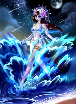 accessory anthro bikini breasts clothing cosmic_background cutie_mark female flower flower_in_hair flower_in_mane freckled_breasts freckles hair hair_accessory halo inner_ear_fluff jewelry plant sky smile smiling_at_viewer solo splash splashing_water star starry_background starry_sky swimwear tuft two-piece_swimsuit under_boob wave minamikoboyasy hasbro my_little_pony selune_darkeye absurd_res hi_res