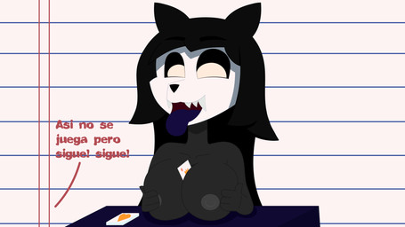 4_fingers anthro big_breasts black_body black_hair breast_rest breasts breath card female fingers fondling hair hand_on_breast huge_breasts nipples nude nude_anthro nude_female object_between_breasts offscreen_character open_mouth panting playing_card purple_tongue self_fondle sharp_teeth solo teeth text tongue tongue_out triangle_nose white_eyes white_face castigo scp_foundation scp-1471-a canid malo mammal 16:9 2022 animated hi_res spanish_text widescreen