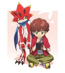 anthro brown_hair claws codpiece confusion duo electronics green_eyes hair horn male question_mark red_body scarf tablet tablet_computer yellow_eyes f0nf0n bandai_namco digimon digimon_ghost_game hiro_amanokawa betelgammamon digimon_(species) human mammal scalie