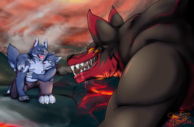 3_heads anthro attack bite black_body black_fur blood blue_body blue_fur bodily_fluids bottomwear clothing duo ear_bite fight fur lava male male/male multi_head pants teeth unconscious wounded shadesflame european_mythology greek_mythology mythology cerberus_(bouncingbunnyboy) canid canid_demon canine cerberus demon hellhound mammal mythological_canine mythological_creature hi_res