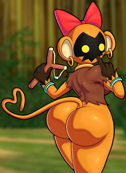 anthro big_butt bow_ribbon bracelet breasts bubble_butt butt ear_piercing ear_ring female finger_to_mouth gesture huge_butt jewelry looking_at_viewer looking_back looking_back_at_viewer mischievous piercing prehensile_tail ranged_weapon rear_view ring_piercing simple_face slingshot solo standing tail tail_gesture tail_heart weapon yellow_eyes deerboynsfw kingdom_hearts square_enix bouncywild haplorhine heartless mammal monkey primate absurd_res hi_res