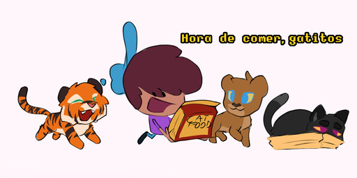 blue_clothing blue_eyes blue_hat blue_headwear box brown_hair cardboard cardboard_box cat_food clothing container dot_eyes feral green_eyes group hair hat headgear headwear male pet_food purple_clothing purple_shirt purple_topwear red_eyes shirt simple_eyes toony topwear trio young imgloka imgloka_(imgloka) felid humanoid lion mammal pantherine tiger hi_res