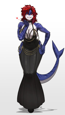 5_fingers anthro biped blue_body blue_tail breasts claws clothed clothed_anthro clothed_female clothing countershade_torso countershading dress female finger_claws fingers footwear front_view hair looking_at_viewer markings navel red_eyes red_hair shoes simple_background smile solo standing striped_body striped_markings striped_tail stripes tail tail_markings wolfcut pgm300 hollow_hip_backless_chain_dress aquatic fish shark 2025 absurd_res digital_drawing_(artwork) digital_media_(artwork) hi_res
