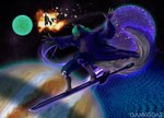 clothing explosion fluffy fluffy_tail long_nails magic melee_weapon painting planet ring robe space splash_art sword tail weapon gankgoat leaf_(character) canid canine canis coyote mammal absurd_res hi_res