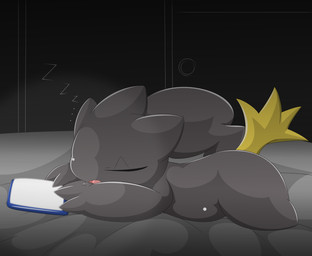 ambiguous_gender bodily_fluids drooling electronics ellipsis phone saliva side_view sleeping solo sound_effects vowelless vowelless_sound_effect zzz type nintendo pokemon banette generation_3_pokemon humanoid pokemon_(species) 2015 dark_theme hi_res