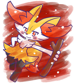 ambiguous_anthro ambiguous_gender anthro biped blush blush_stickers closed_smile digitigrade dipstick_tail dutch_angle front_view holding_object holding_stick looking_at_viewer markings mouth_closed on_one_leg smile solo standing stick tail tail_markings annyui0611 nintendo pokemon braixen canid generation_6_pokemon mammal pokemon_(species) 2024 full-length_portrait hi_res japanese_description portrait translated_description