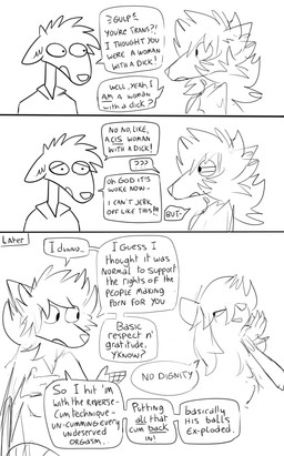 anthro dialogue disappointed female group humor male simple_background speech_bubble text the_truth transphobia trio pankallisti diamond_is_unbreakable duwang jojo's_bizarre_adventure circe_(pankallisti) canid canine mammal murid murine rat rodent black_and_white comic english_text monochrome sketch trans_(lore) trans_woman_(lore)