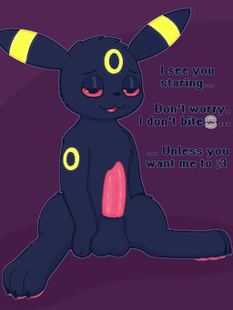 animal_genitalia animal_penis balls bedroom_eyes black_body black_fur black_nose canine_genitalia canine_penis erection feral fur genitals glowing glowing_body glowing_fur inviting inviting_viewer looking_at_viewer male narrowed_eyes pawpads paws penis pink_pawpads red_eyes seductive semi-anthro sheath simple_background sitting solo talking_to_viewer text yellow_body yellow_fur icebirds nintendo pokemon eeveelution generation_2_pokemon pokemon_(species) umbreon 3:4 english_text