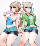 blep blue_clothing blue_eyes blue_shirt blue_topwear bottomwear brown_hair bulge clothed clothing collar crop_top duo ears_down femboy food fully_clothed green_clothing green_shirt green_topwear hair hand_holding hotpants male male/male off_shoulder pivoted_ears popsicle red_eyes shirt shorts tongue tongue_out topwear nelewdy re:zero ferris_argyle saika_totsuka animal_humanoid cat_humanoid felid felid_humanoid feline feline_humanoid humanoid mammal mammal_humanoid digital_media_(artwork) hi_res shaded