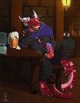 alcohol anthro bar barefoot beer beverage cape clothing container cup dark_hair drunk eyewear feet genitals goggles horn knot knotted_penis long_tail male penis red_body robe scar solo substance_intoxication tail tavern tavern_background seregore rokru kobold scalie absurd_res cel_shading digital_media_(artwork) hi_res shaded warm_colors