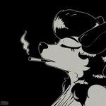 anthro cigarette clothing eyes_closed female noir parody pompadour shirt smoking solo tank_top topwear posspowered teahouse_(band) bonnie_vale_(posspowered) american_opossum mammal marsupial 1:1 album_cover black_and_white cover hi_res monochrome