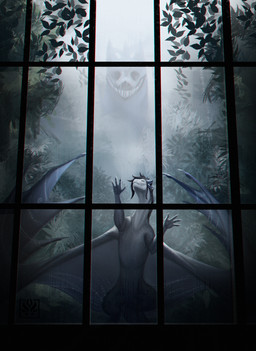 4_fingers 4_horns ambiguous_gender black_hair blue_body blue_horn claws detailed_background digitigrade duo feral finger_claws fingers front_view grey_body hair horn inside logo looking_up membrane_(anatomy) membranous_wings mouth_closed multi_horn on_hind_legs quadruped snout solo_focus spread_wings tail text through_window white_body white_claws white_face wing_claws wings jadedragoness european_mythology mythology itasa_(jadedragoness) dragon mythological_creature mythological_scalie scalie western_dragon 2021 artist_logo artist_name digital_media_(artwork) digital_painting_(artwork) painting_(artwork) shaded