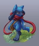 ambiguous_gender anthro black_body black_fur blue_body blue_fur fur grass grey_background long_scarf mostly_nude plant red_eyes satchel scarf scarf_only simple_background solo walking hashouty nintendo pokemon pokemon_mystery_dungeon spike_chunsoft generation_4_pokemon pokemon_(species) riolu hi_res signature