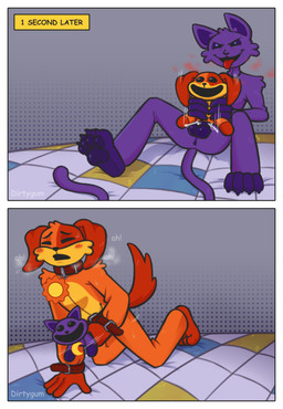 anthro balls black_eyes blush blush_lines bodily_fluids comic_panel duo fur genitals male male/male masturbation orange_body pawpads paws plushie plushophilia purple_body simple_background smile solo speech_bubble steam steamy_breath sweat sweatdrop tail text tongue tongue_out white_eyes yellow_body yellow_fur dirtygum mob_entertainment poppy_playtime smiling_critters catnap_(poppy_playtime) dogday_(poppy_playtime) canid canine canis domestic_cat domestic_dog felid feline felis mammal absurd_res comic english_text hi_res