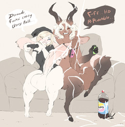 anthro balls beanie big_balls big_penis blonde_hair bodily_fluids bottomless bottomless_anthro bottomless_male brown_body brown_fur clenched_teeth clothed clothing cum cum_covered cum_drip curved_horn dialogue dripping duo ear_piercing ear_ring erection eyebrow_piercing eyes_closed facial_piercing fur gaming gaming_controller genital_fluids genitals hair hat headgear headwear hooves horn huge_balls huge_penis humanoid_genitalia humanoid_penis lip_piercing lip_ring male male/male messy nude open_mouth penis piercing pink_body pink_skin ring_piercing shirt smile snakebite_piercing speech_bubble t-shirt teeth text thick_thighs topwear vein veiny_penis white_body white_fur white_hair wide_hips dullvivid nel_(dullvivid) zeke_hex bovid caprine goat mammal mouse murid murine rodent english_text hi_res