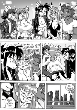 alcohol anthro beer beverage big_breasts blush bodily_fluids breasts butt butt_grab cleavage clothed clothing dialogue dress ear_piercing ear_ring exclamation_point eyewear facial_piercing female fur glasses group hair hand_on_butt horn male male/female membrane_(anatomy) membranous_wings midriff navel nipple_outline nose_piercing nose_ring piercing ring_piercing shirt sweat sweatdrop tank_top text topwear wings daigaijin furryfight_chronicles mythology kalita_(furryfight_chronicles) canid canine dragon felid feline fox lynx mammal mythological_creature mythological_scalie scalie character_request comic english_text greyscale hi_res monochrome