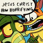 anthro close-up dialogue duo male open_mouth teeth text tongue yellow_eyes unknown_artist activision crash_bandicoot_(series) jesus_christ_how_horrifying crash_bandicoot nitros_oxide alien bandicoot mammal marsupial english_text low_res meme