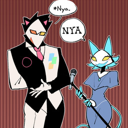 anthro black_hair blue_hair blush blush_stickers clothing dress duo electronics eyelashes female floating_hands hair hand_behind_back heterochromia holding_microphone holding_object jewelry larger_male looking_at_viewer male microphone necklace necktie nya open_mouth orange_eyes pattern_background simple_background size_difference smaller_female smile speech_bubble tail wide_hips yellow_eyes kaibootsu deltarune undertale_(series) swatch_(deltarune) tasque_manager avian darkner felid mammal robot_anthro 1:1 2025 digital_media_(artwork) hi_res