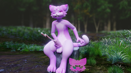 anthro balls belly blurred_background bodily_fluids cheek_tuft claws cum ejaculation facial_tuft forest fur genital_fluids genitals glans heart_eyes heart_symbol humanoid_genitalia humanoid_penis male markings masturbation penile penile_masturbation penis pink_body pink_eyes pink_fur pink_glans pink_penis plant sitting solo tail tail_markings tree tuft whiskers white_balls white_belly luramoth felura domestic_cat felid feline felis mammal mayu_(azuki) 16:9 3d_(artwork) 4k absurd_res blender_(artwork) blender_cycles_(artwork) digital_media_(artwork) hi_res widescreen nonbinary_(lore)