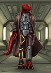 anthro armor belt breastplate claws clothing coat detailed_background feet fingers gun holster holstered_pistol male prosthetic prosthetic_leg prosthetic_limb ranged_weapon red_body red_scales scales science_fiction shin_guards solo standing toes topwear trenchcoat walking weapon rhaenjarr star_wars 2020 digital_media_(artwork)