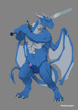 3_toes anthro back_wings balls blue_body blue_eyes blue_scales claws digitigrade feet frill_(anatomy) genitals horn humanoid_genitalia humanoid_penis male melee_weapon membrane_(anatomy) membranous_frill muscular muscular_anthro muscular_male nipples non-mammal_balls non-mammal_nipples nude_male penis scales sharp_teeth simple_background solo sword tail teeth toe_claws toes weapon wings witchydawgart mythology dragon mythological_creature mythological_scalie scalie hi_res