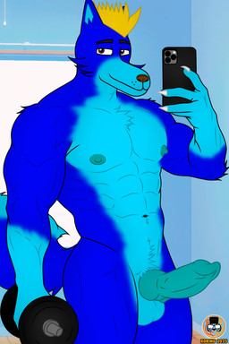 abs anthro balls blonde_hair blue_body blue_fur brown_eyes brown_nose cellphone dumbbell electronics erection exercise fingers fur genitals hair holding_object holding_phone looking_at_viewer male muscular muscular_anthro muscular_male navel nipples nude pecs penis phone presenting simple_background smartphone smile solo tail weightlifting weights workout eric_xoring canid canine canis fox mammal 2:3 digital_media_(artwork)