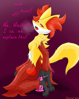 anthro biped bodily_fluids breasts butt female genital_fluids looking_at_viewer master masturbation ownership paws red_eyes sex_toy simple_background solo text toying_self vaginal vaginal_fluids vaginal_masturbation vibrator hozorak nintendo pokemon delphox generation_6_pokemon pokemon_(species) 2018 4:5 absurd_res hi_res