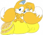 3_toes ambiguous_gender anthro barefoot big_tail biped blue_eyes butt feet fluffy fluffy_tail food fruit fur holding_tail huge_tail hyper hyper_tail lemon looking_at_viewer looking_back multi_tail nude plant raised_tail simple_background soles solo tail toes yellow_body yellow_fur persicute sega sonic_the_hedgehog_(series) miles_prower canid canine fox mammal