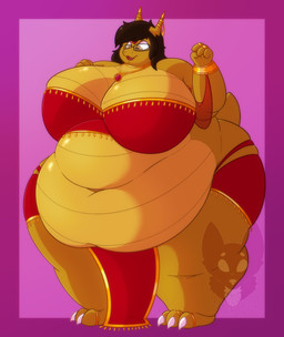 2_horns accessory anthro bandeau belly big_belly big_breasts bottomwear breasts brown_hair clothing eyewear female female_anthro furgonomics glasses hair horn horn_accessory horn_cap horn_jewelry huge_belly huge_breasts huge_hips huge_thighs jewelry loincloth midriff obese obese_anthro obese_female orange_body orange_scales orange_tail overweight overweight_anthro overweight_female rectangular_glasses red_bandeau red_bottomwear red_clothing red_loincloth red_topwear scales solo tail thick_thighs topwear ventral_scales wide_hips strawberrymilkdog mythology tyra_(kmn01) dragon mythological_creature mythological_scalie scalie hi_res